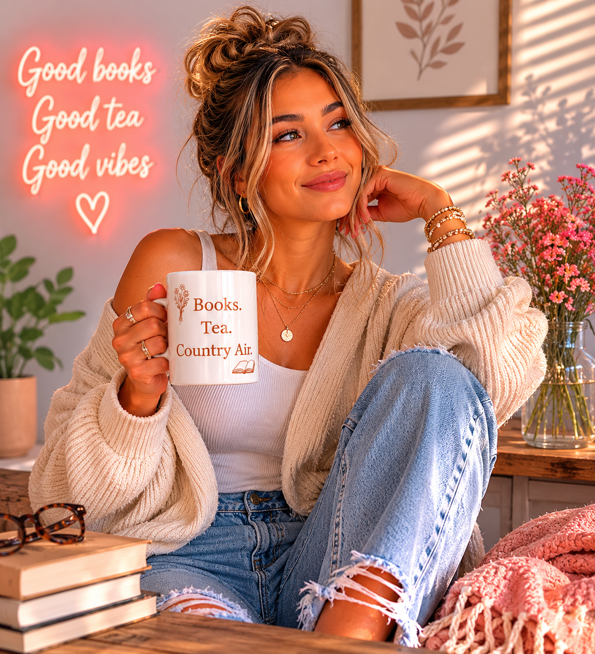 Books. Tea. Country Air. Ceramic Mug — Cozy Reading Gift (11oz & 15oz)