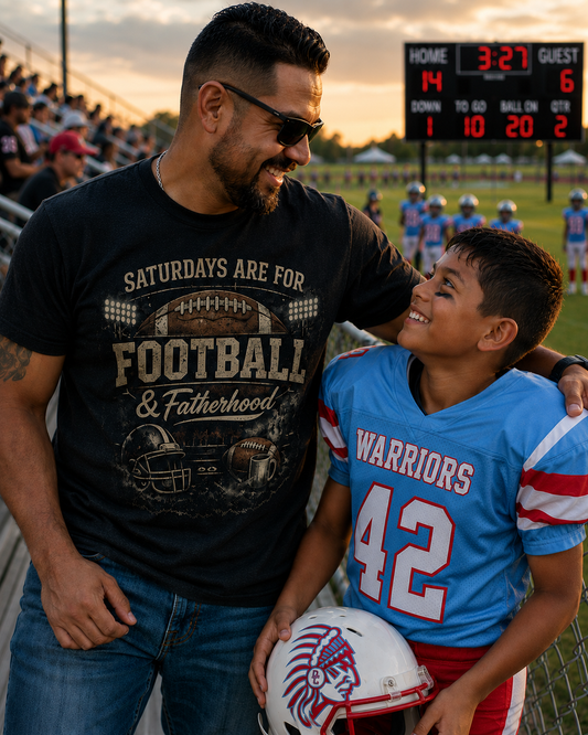 Saturdays Are For Football & Fatherhood T-Shirt | Football Helmet, Beer Mug Design