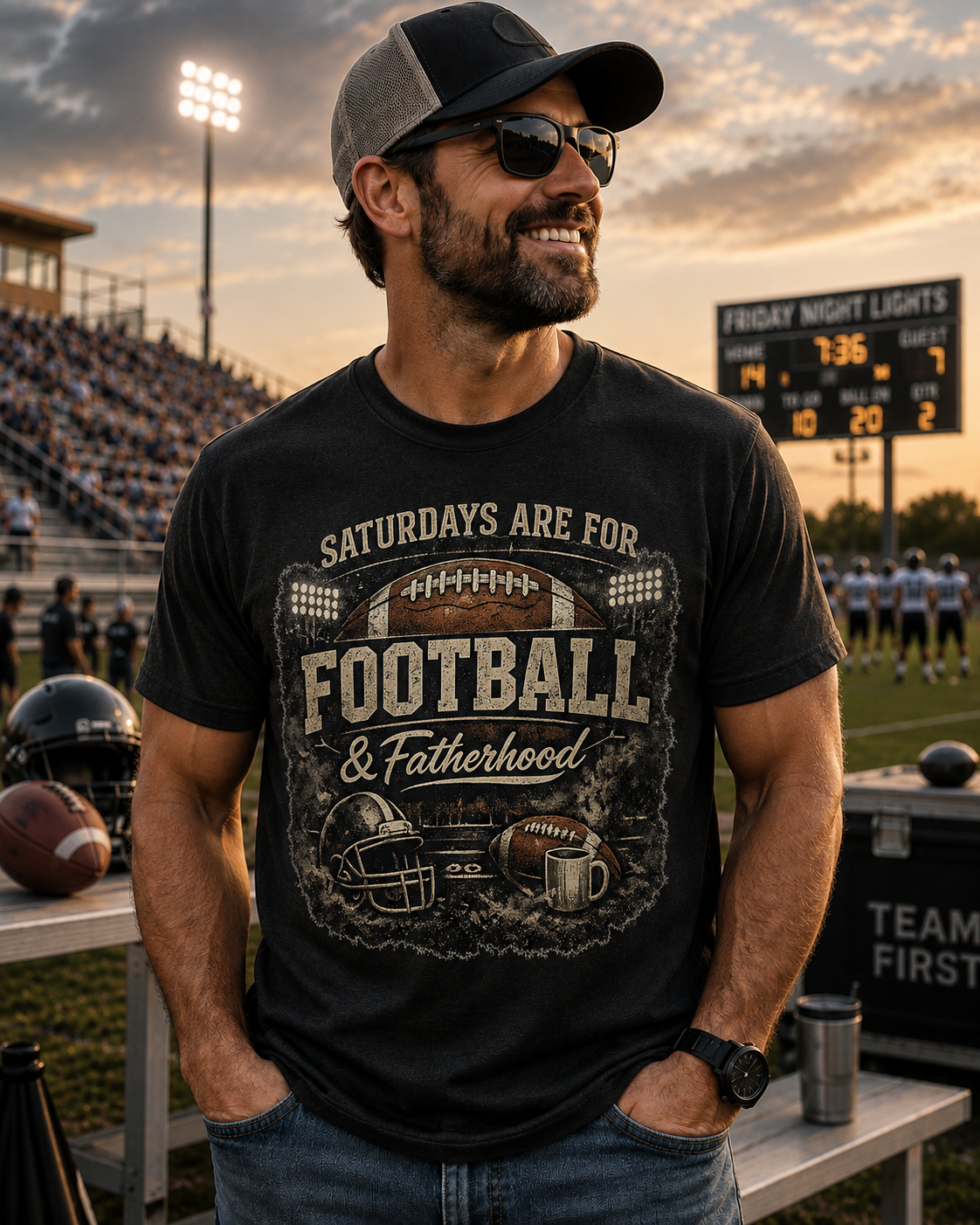 Saturdays Are For Football & Fatherhood T-Shirt | Football Helmet, Beer Mug Design