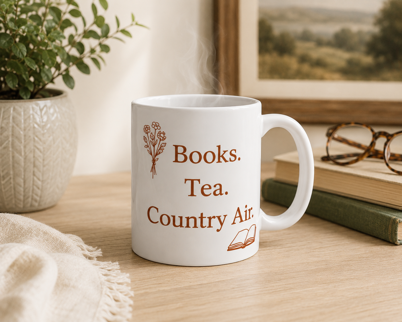 Books. Tea. Country Air. Ceramic Mug — Cozy Reading Gift (11oz & 15oz)