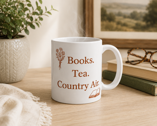 Books. Tea. Country Air. Ceramic Mug — Cozy Reading Gift (11oz & 15oz)