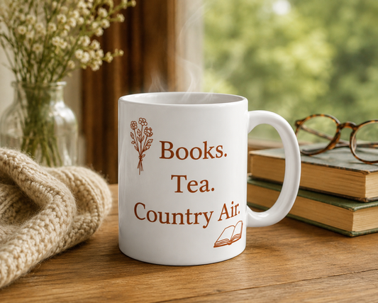 Books. Tea. Country Air. Ceramic Mug — Cozy Reading Gift (11oz & 15oz)