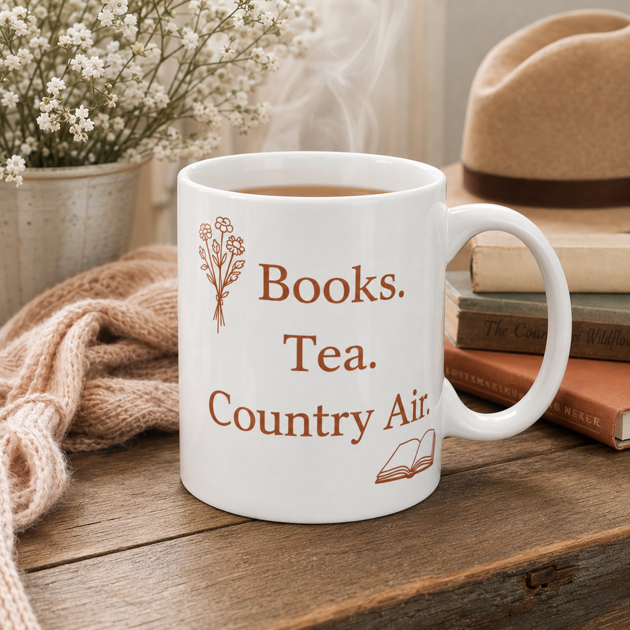Books. Tea. Country Air. Ceramic Mug — Cozy Reading Gift (11oz & 15oz)