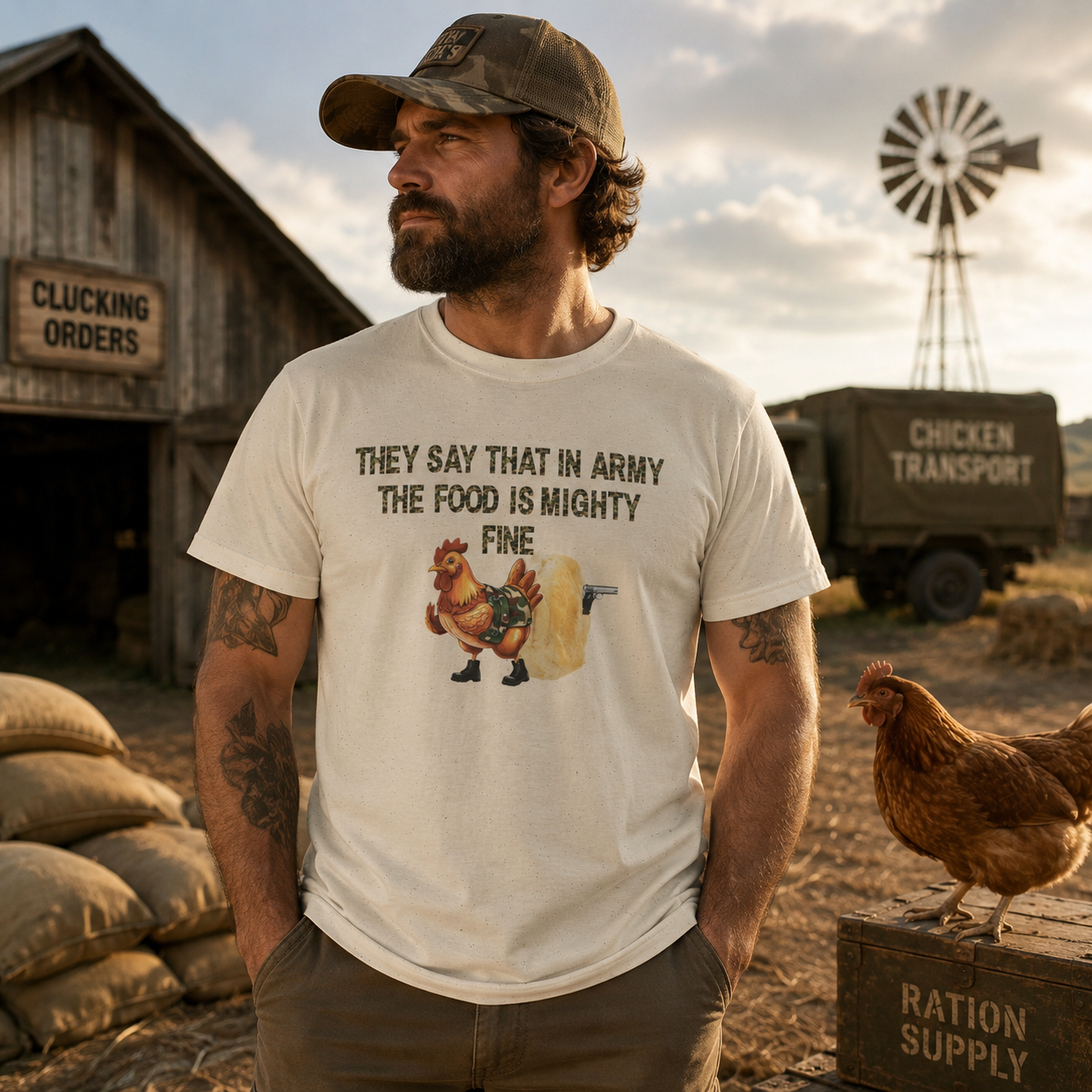 Army Humor T-Shirt "They Say That In Army The Food Is Mighty Fine" - Rooster Graphic