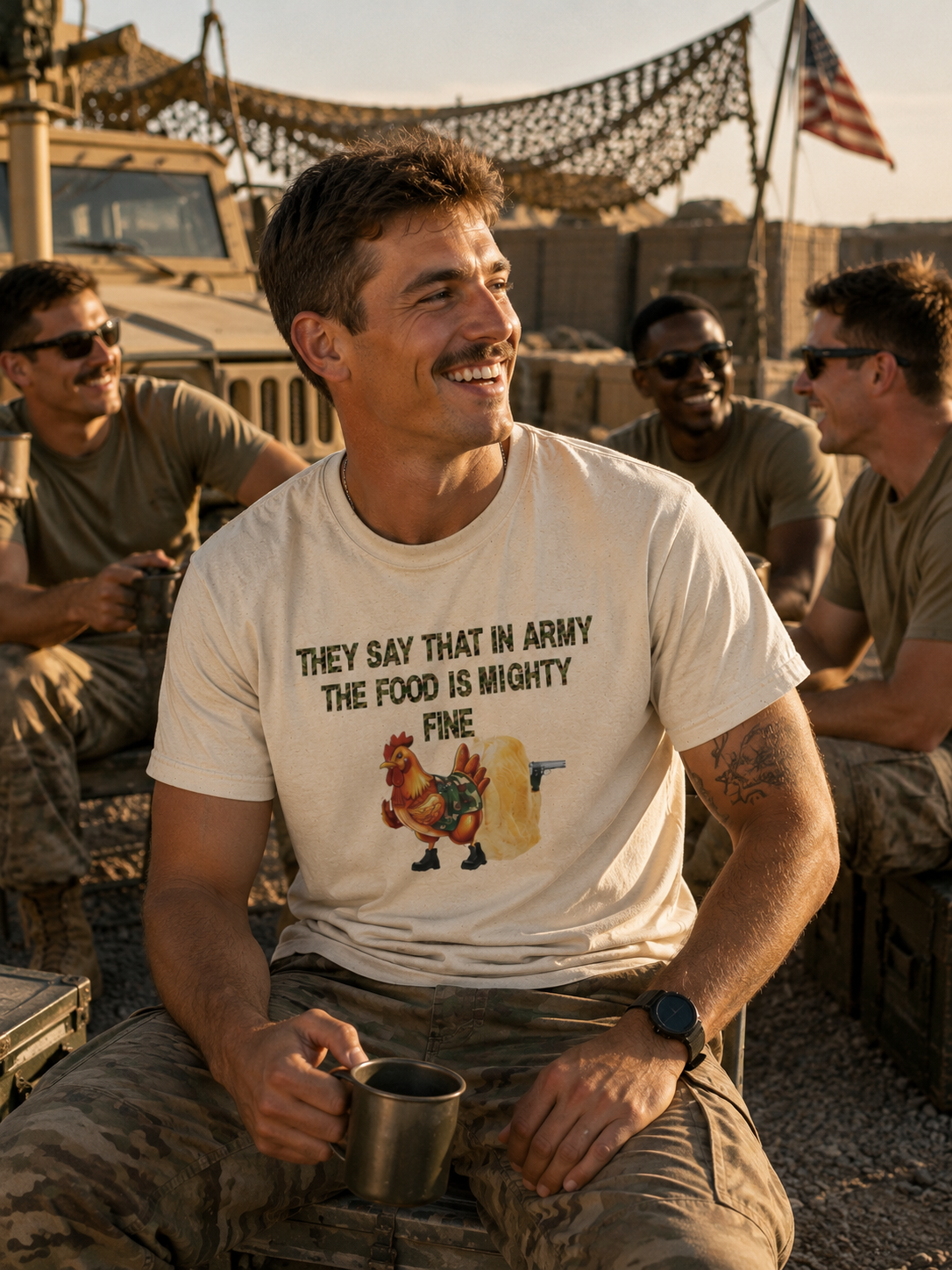 Army Humor T-Shirt "They Say That In Army The Food Is Mighty Fine" - Rooster Graphic