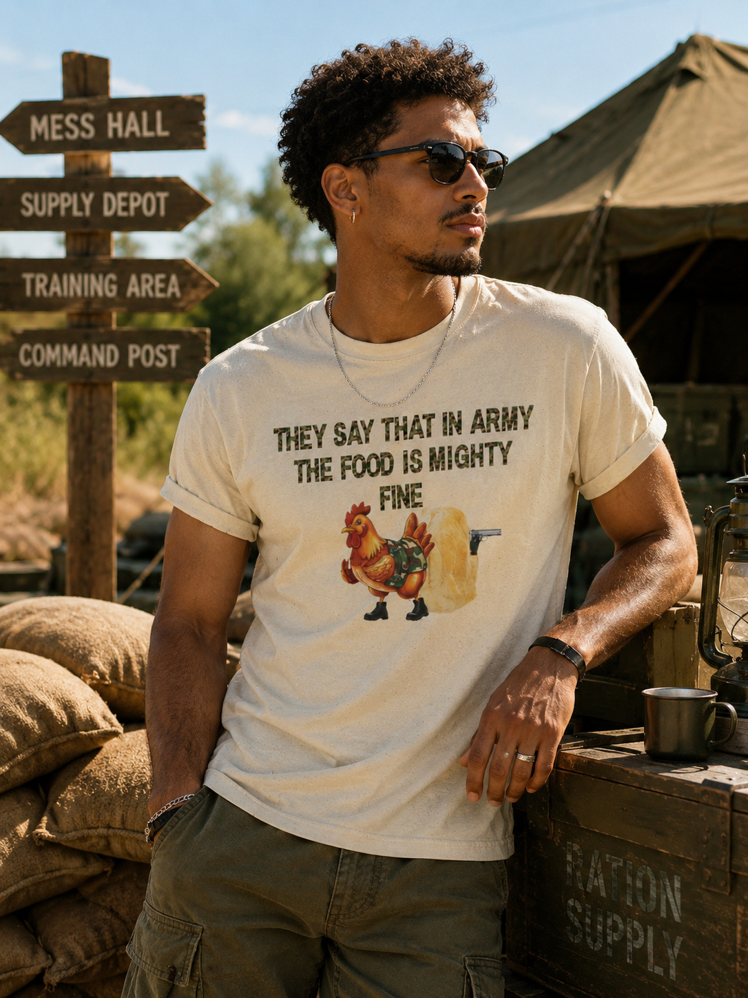 Army Humor T-Shirt "They Say That In Army The Food Is Mighty Fine" - Rooster Graphic