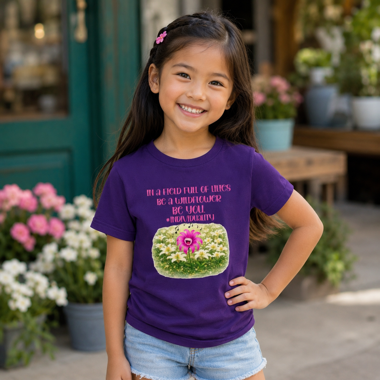 Kids Floral Tee — "Be a Friend Full of Smiles" Inspirational Flower Shirt