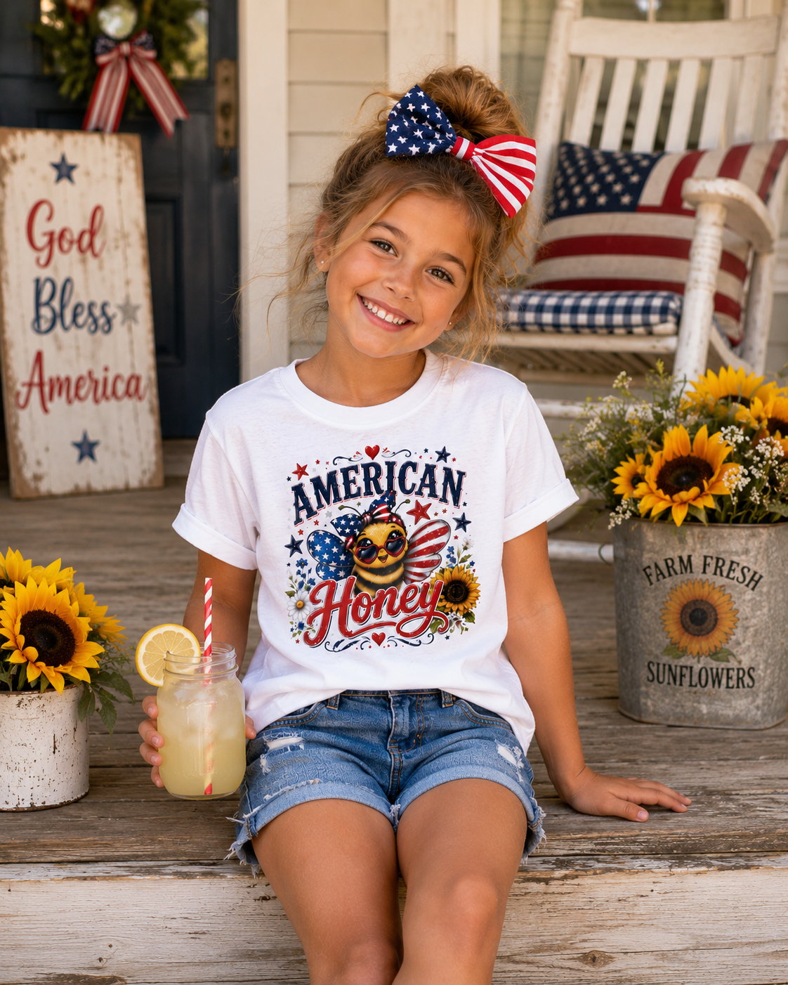 Kids Tee — "American Honey" Patriotic Bee Graphic Tee