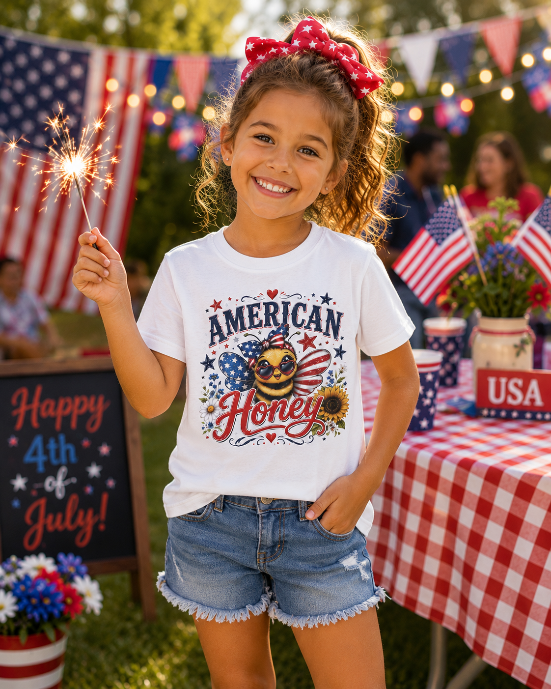 Kids Tee — "American Honey" Patriotic Bee Graphic Tee