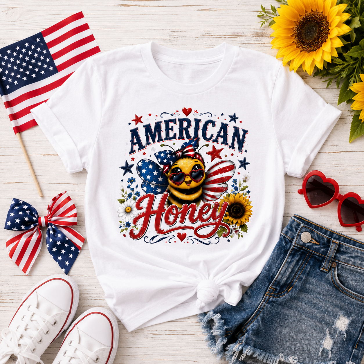 Kids Tee — "American Honey" Patriotic Bee Graphic Tee