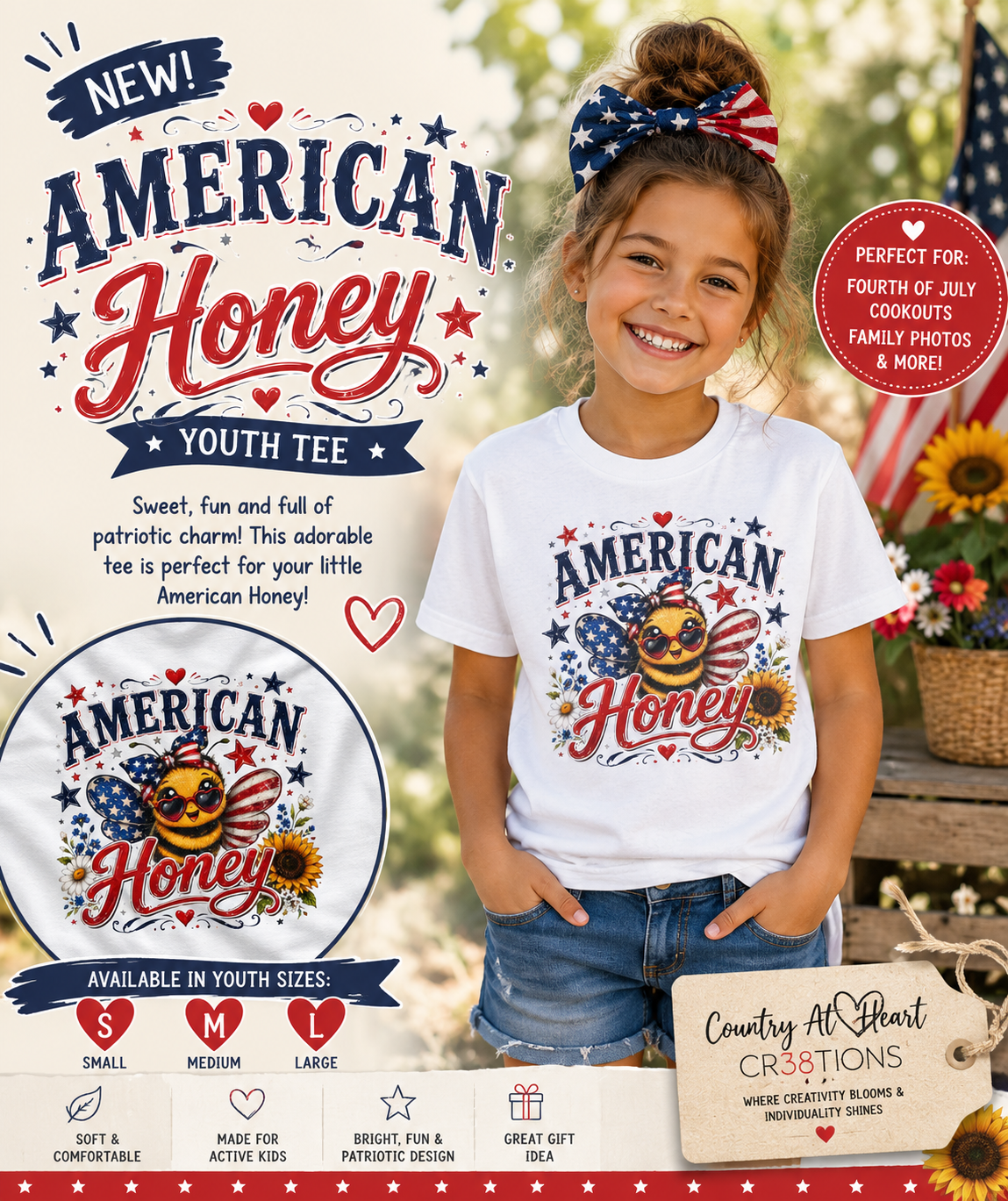Kids Tee — "American Honey" Patriotic Bee Graphic Tee