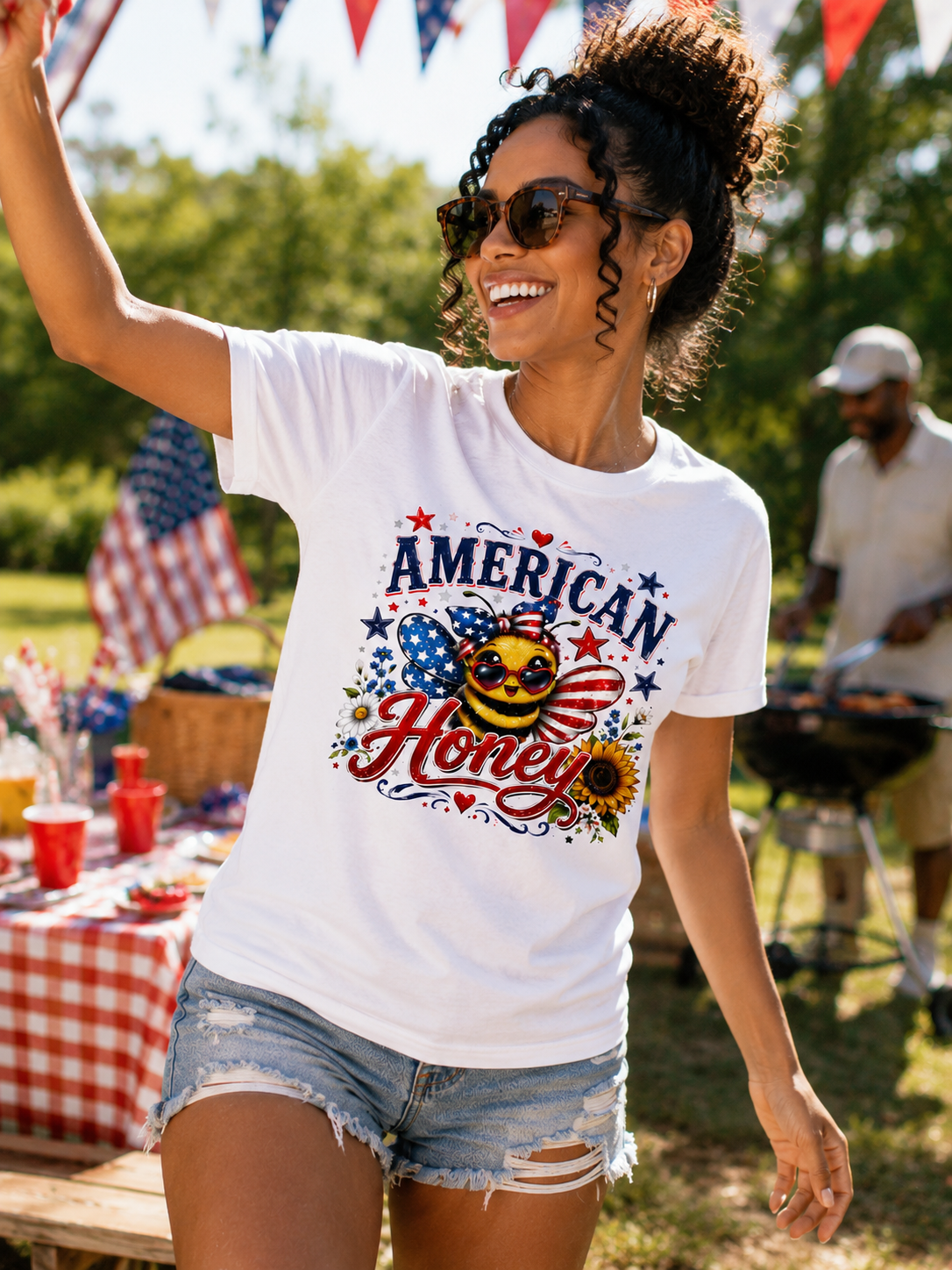 American Honey T-Shirt — Patriotic Bee Graphic Tee (Fourth of July)