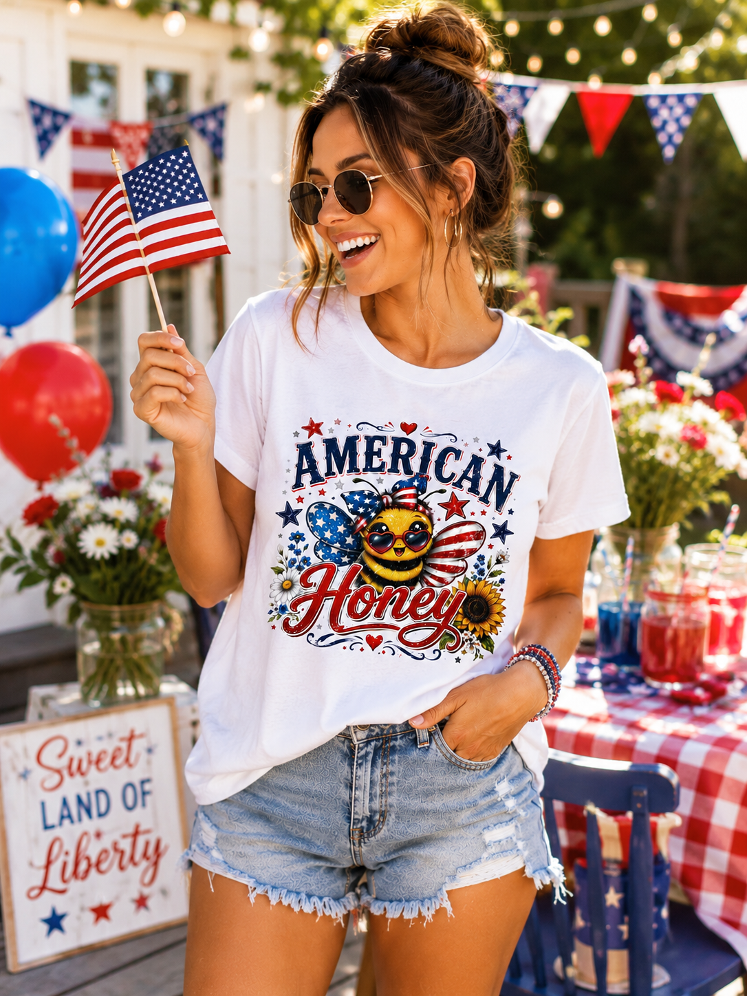 American Honey T-Shirt — Patriotic Bee Graphic Tee (Fourth of July)