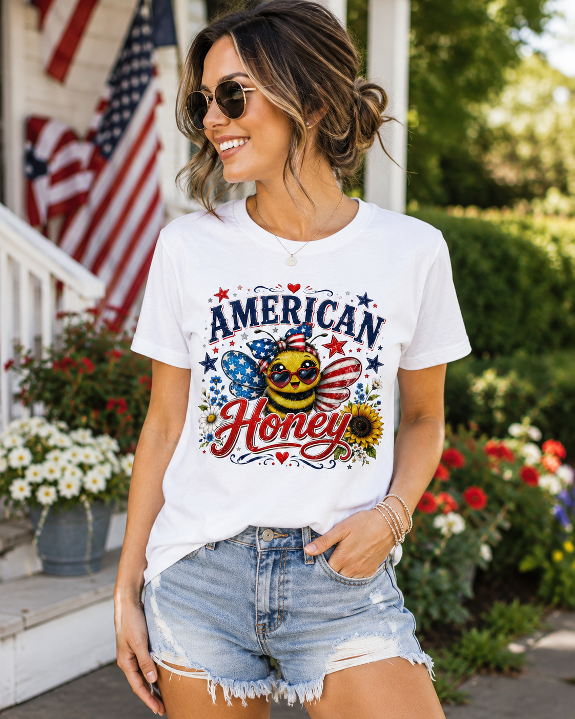 American Honey T-Shirt — Patriotic Bee Graphic Tee (Fourth of July)