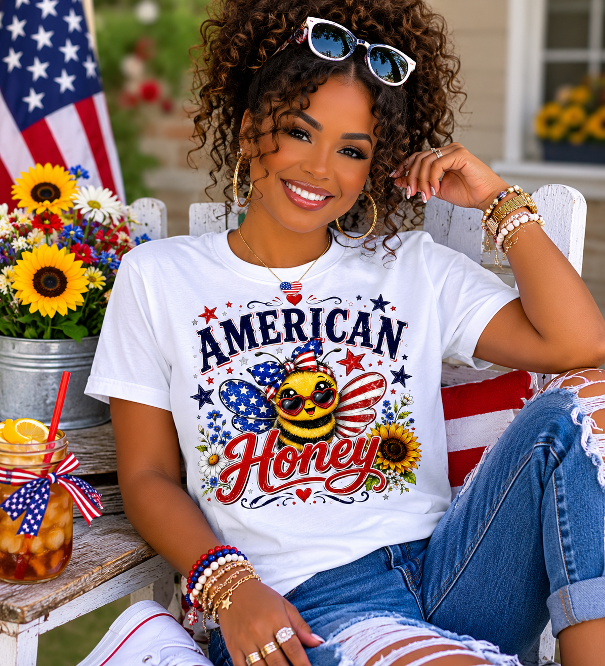 American Honey T-Shirt — Patriotic Bee Graphic Tee (Fourth of July)
